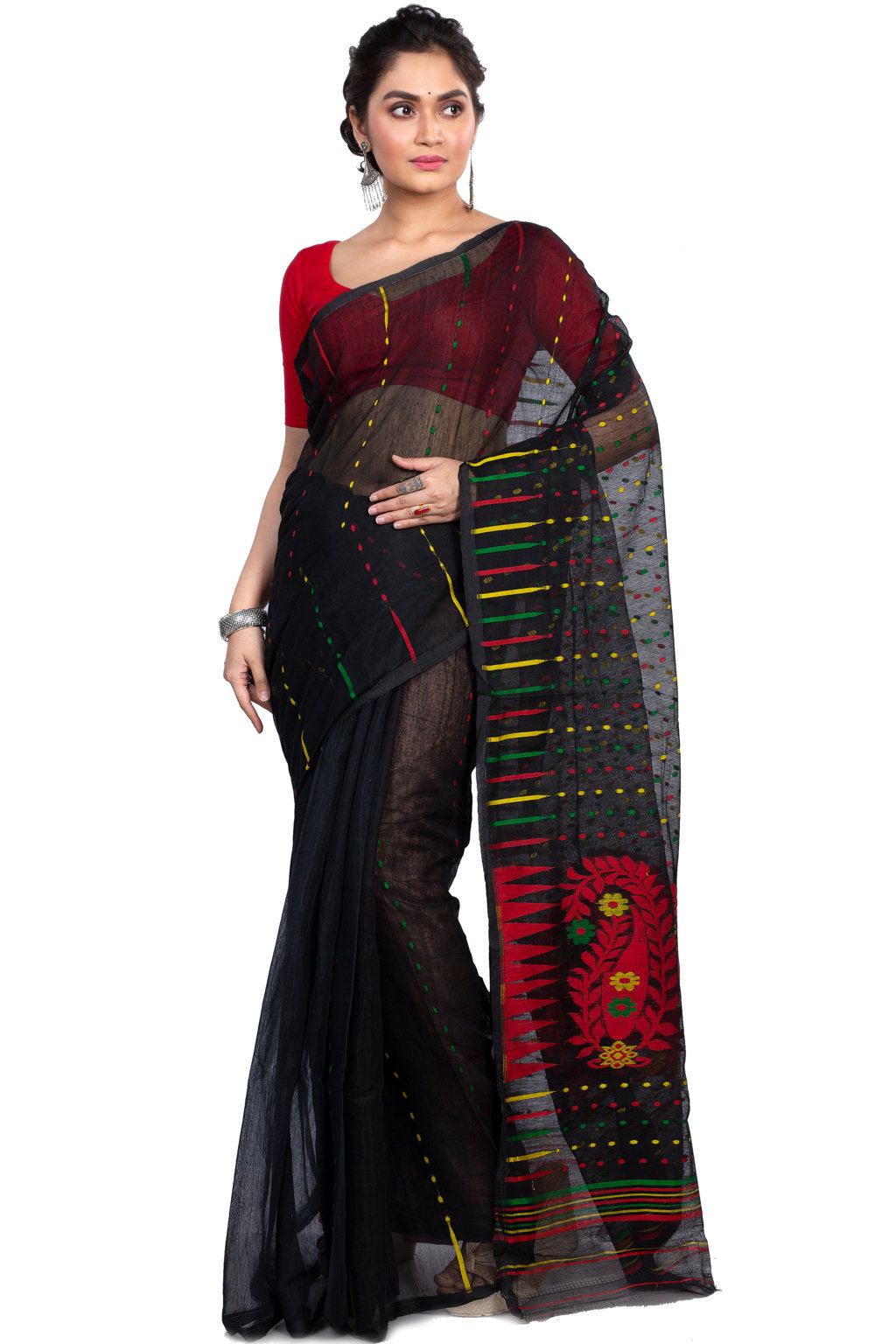 Black Blended Cotton New HALF  JAMDINE Jamdani Saree (4110)